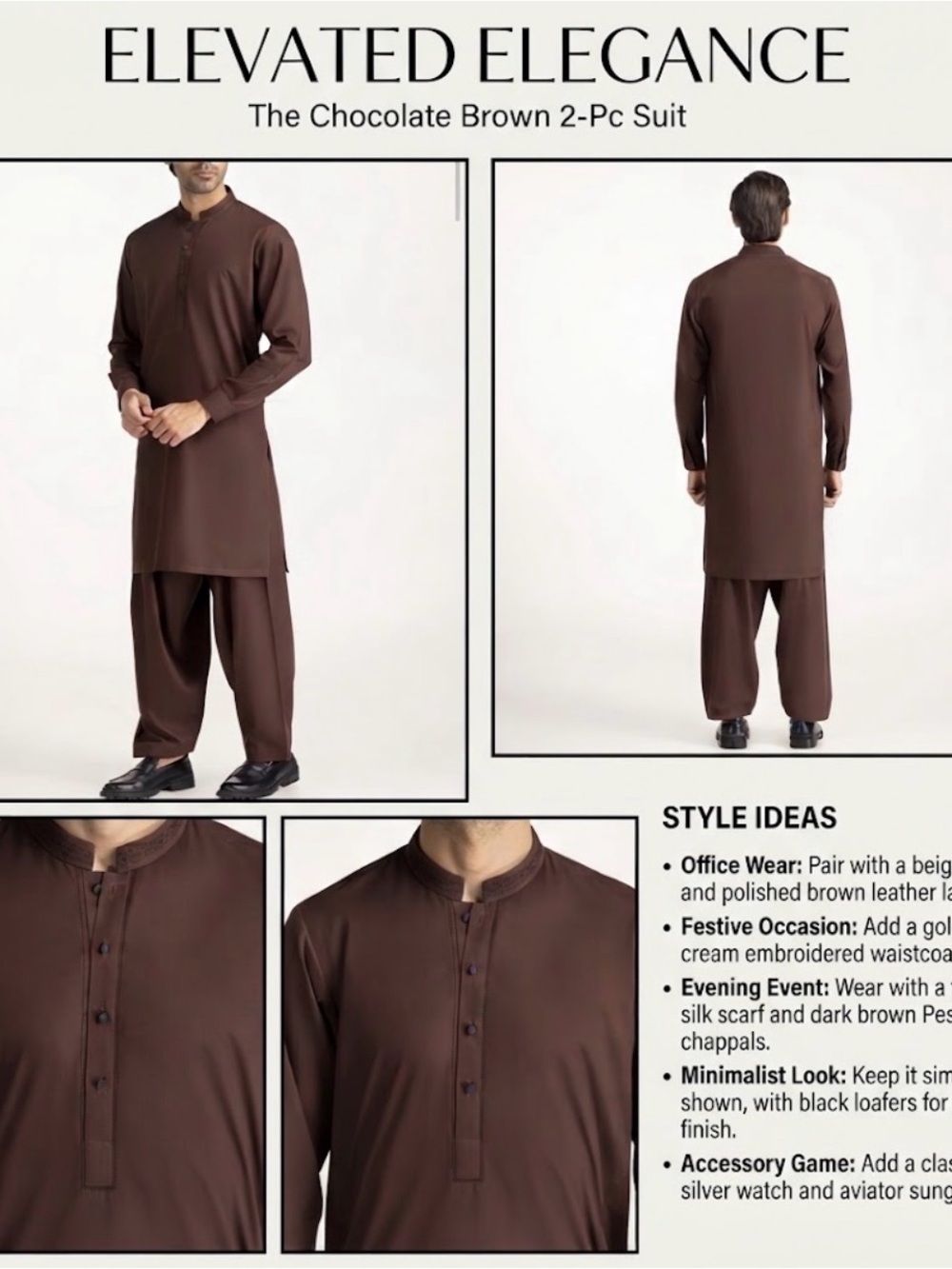 Ideas Wood Brown Embroidered Men's Kurta Shalwar in large size